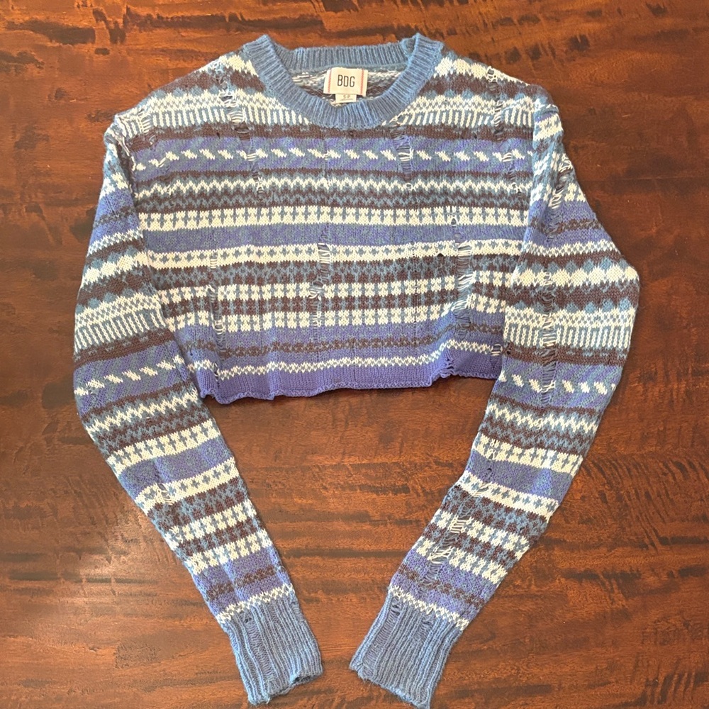 BDG from Urban Outfitters Cropped Fair Isle Sweater in Blue, White & Brown